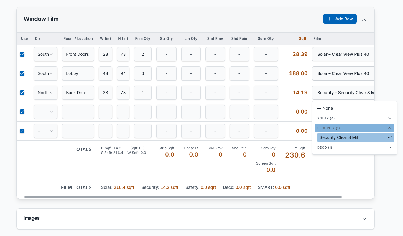 The WyndoGo calculator pricing a window film job window by window, with a film being picked from the org's library