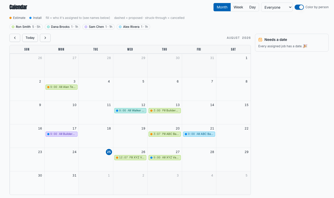 The shared install calendar for a month, colour-coded by installer, with a dot on each job marking it as an estimate or an install